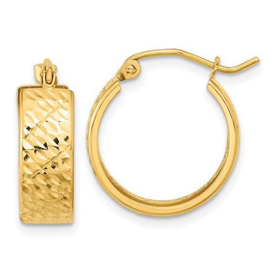 14k yellow gold diamond cut modern contemporary round hoop earrings