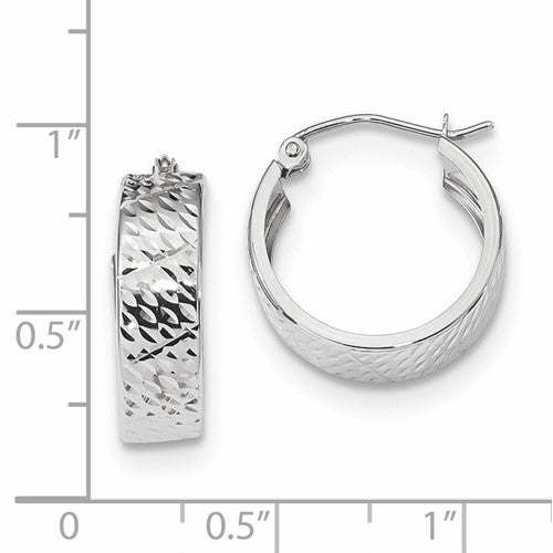 14K White Gold Diamond Cut Modern Contemporary Round Hoop Earrings
