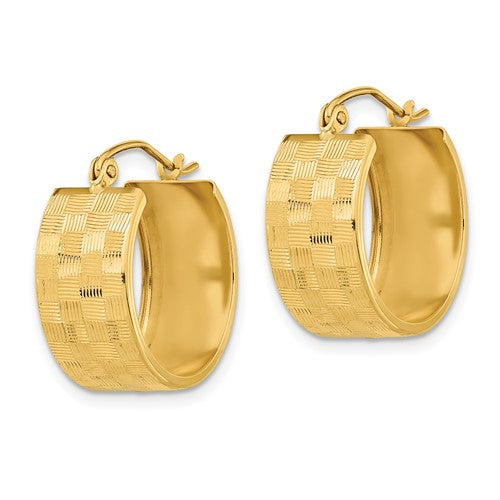 14k yellow gold woven weave textured round hoop earrings 18mm x 8mm