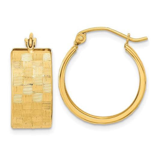 14k yellow gold woven weave textured round hoop earrings 18mm x 8mm