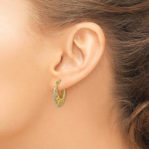 14K Yellow Gold and Rhodium Filigree Hoop Earrings