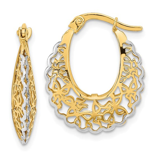 14k yellow gold and rhodium filigree hoop earrings