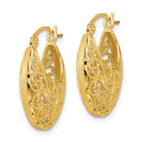14k yellow gold filigree diamond cut hoop earrings