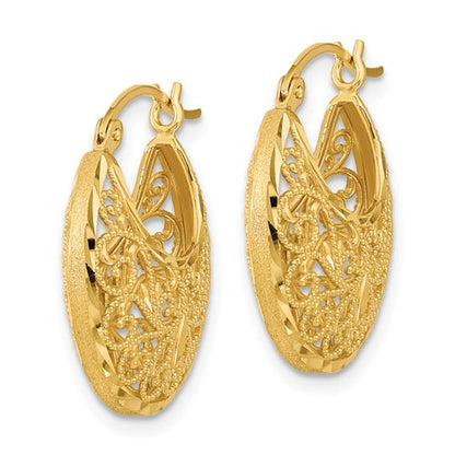 14k yellow gold filigree diamond cut hoop earrings