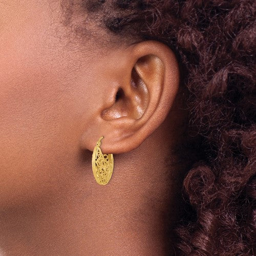 14k yellow gold filigree diamond cut hoop earrings