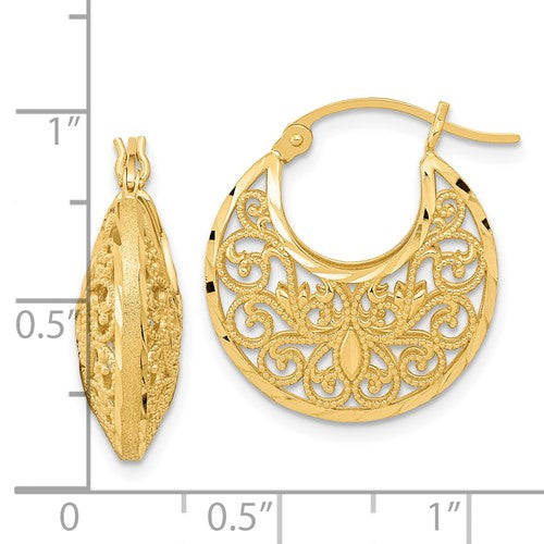 14k yellow gold filigree diamond cut hoop earrings
