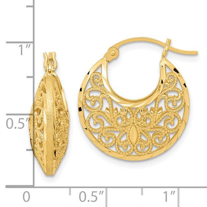 14k yellow gold filigree diamond cut hoop earrings