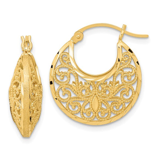 14k yellow gold filigree diamond cut hoop earrings