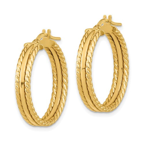 14k yellow gold round twisted edge grooved hoop earrings 24mm x 4.5mm