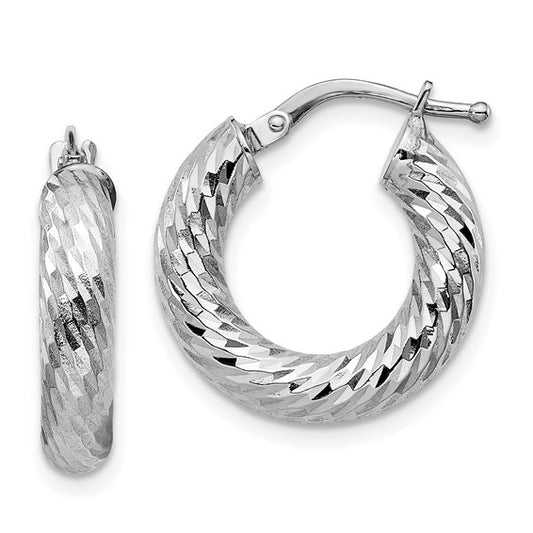 14k white gold diamond cut round hoop earrings 17mm x 4mm
