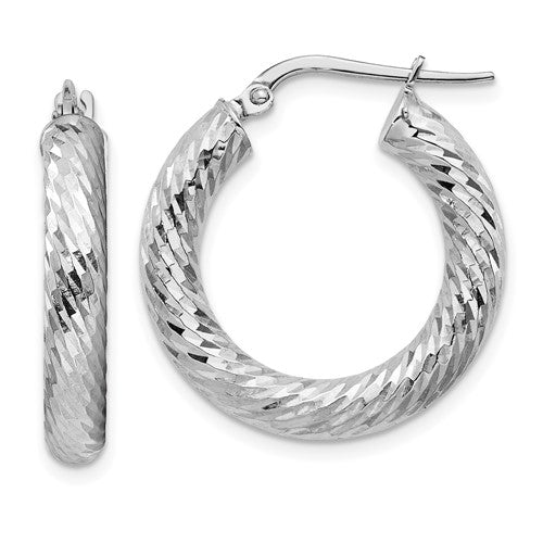 14k white gold diamond cut round hoop earrings 23mm x 4mm