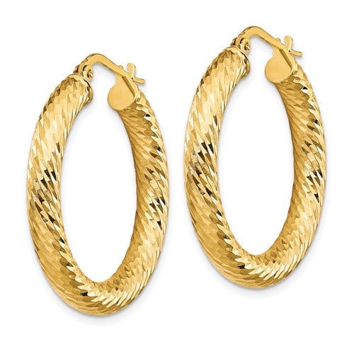 14k yellow gold diamond cut round hoop earrings 28mm x 4mm