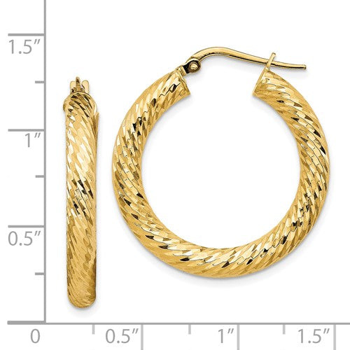 14k yellow gold diamond cut round hoop earrings 28mm x 4mm
