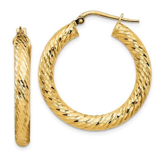 14k yellow gold diamond cut round hoop earrings 28mm x 4mm
