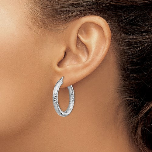 14k white gold diamond cut round hoop earrings 28mm x 4mm