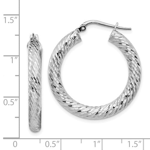 14k white gold diamond cut round hoop earrings 28mm x 4mm