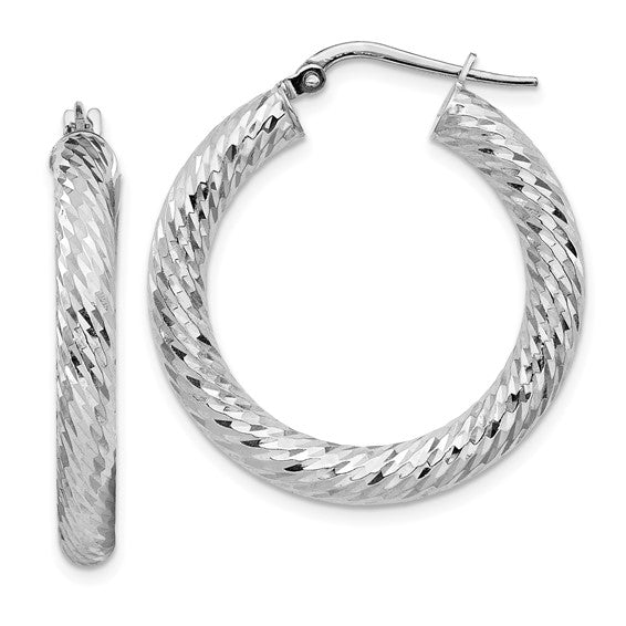 14k white gold diamond cut round hoop earrings 28mm x 4mm