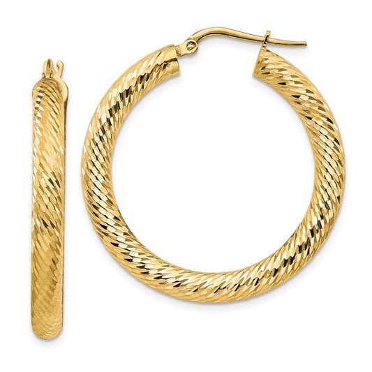 14k yellow gold diamond cut round hoop earrings 33mm x 4mm