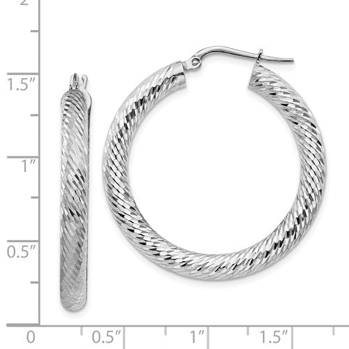 14k white gold diamond cut round hoop earrings 33mm x 4mm