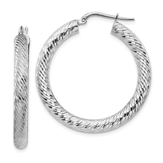 14k white gold diamond cut round hoop earrings 33mm x 4mm