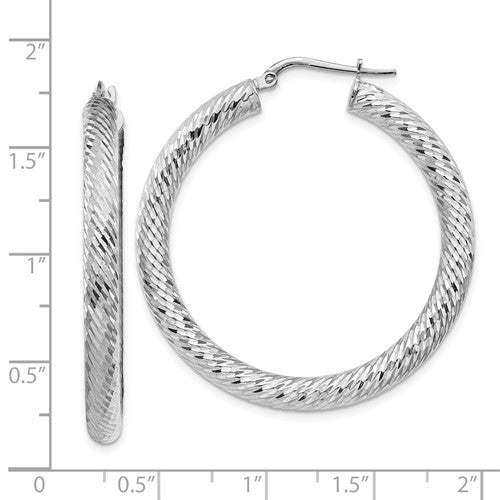 14k White Gold Diamond Cut Round Hoop Earrings 40mm x 4mm
