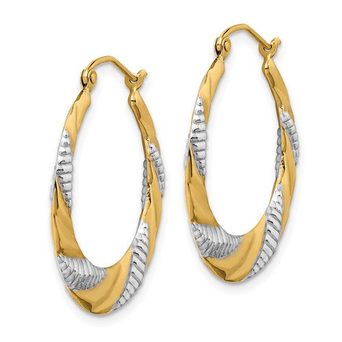 14k yellow gold and rhodium twisted textured hoop earrings