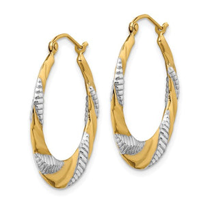 14K Yellow Gold and Rhodium Twisted Textured Hoop Earrings