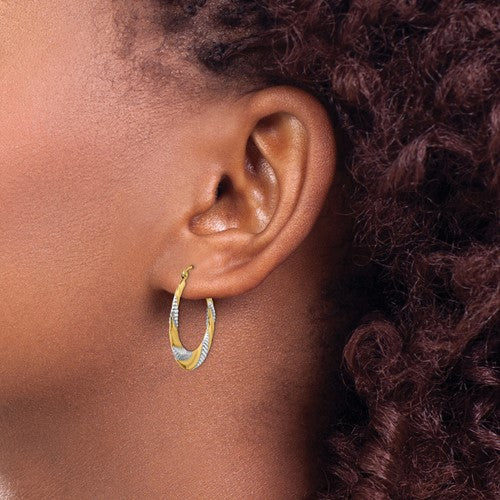 14k yellow gold and rhodium twisted textured hoop earrings