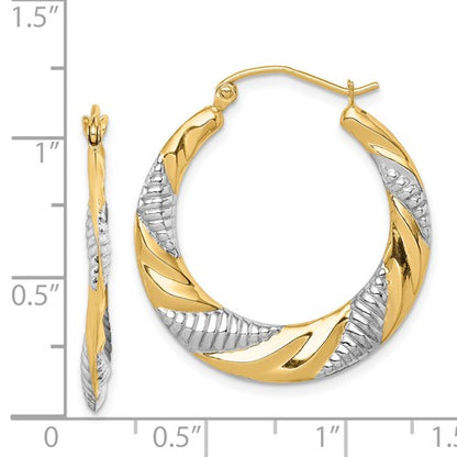 14k yellow gold and rhodium twisted textured hoop earrings
