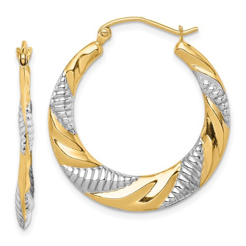 14k yellow gold and rhodium twisted textured hoop earrings