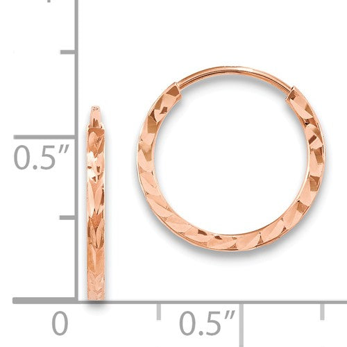14k Rose Gold Diamond Cut Square Tube Round Endless Hoop Earrings 14mm x 1.35mm