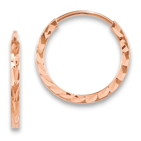 14k Rose Gold Diamond Cut Square Tube Round Endless Hoop Earrings 14mm x 1.35mm