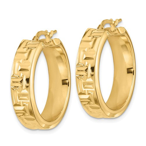 14k yellow gold textured round hoop earrings 26mm x 6.75mm