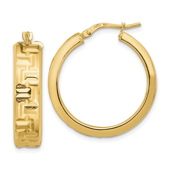 14k yellow gold textured round hoop earrings 26mm x 6.75mm