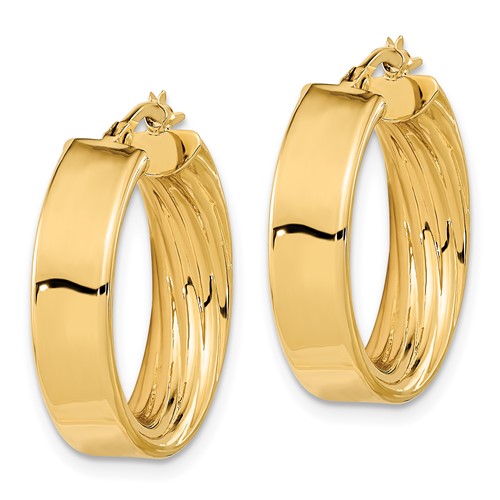 14k yellow gold round square tube textured inside diamond cut hoop earrings 21mm x 5.5mm