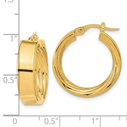 14k Yellow Gold Round Square Tube Textured Inside Diamond Cut Hoop Earrings 21mm x 5.5mm