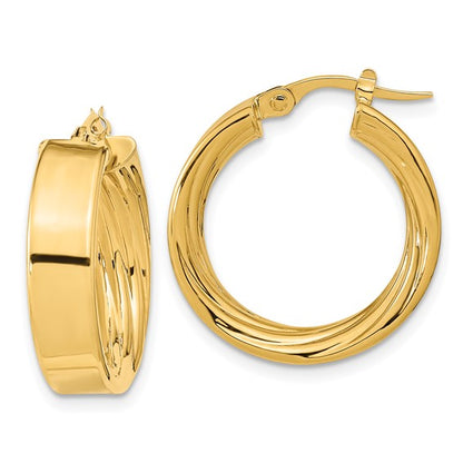 14k yellow gold round square tube textured inside diamond cut hoop earrings 21mm x 5.5mm