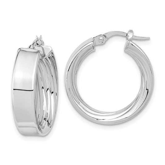 14k white gold round square tube textured inside diamond cut hoop earrings 21mm x 5.5mm