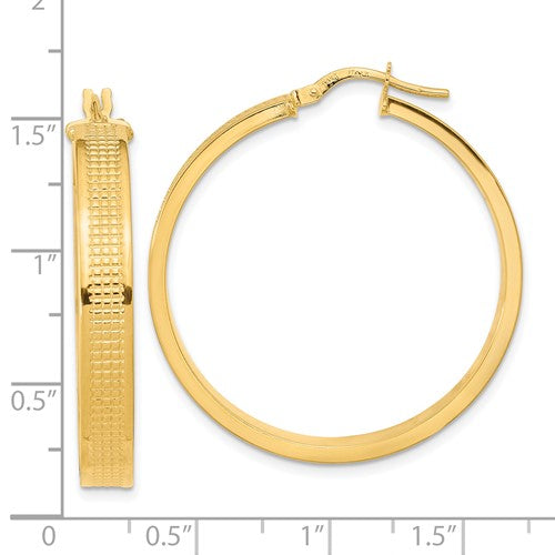 14k yellow gold modern contemporary textured round hoop earrings 35mm x 5mm