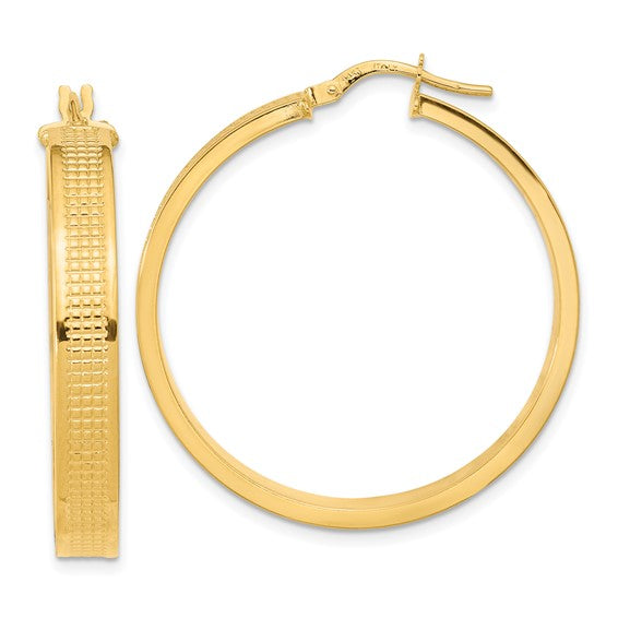 14k yellow gold modern contemporary textured round hoop earrings 35mm x 5mm