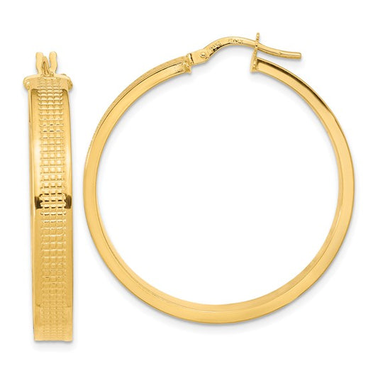14k yellow gold modern contemporary textured round hoop earrings 35mm x 5mm