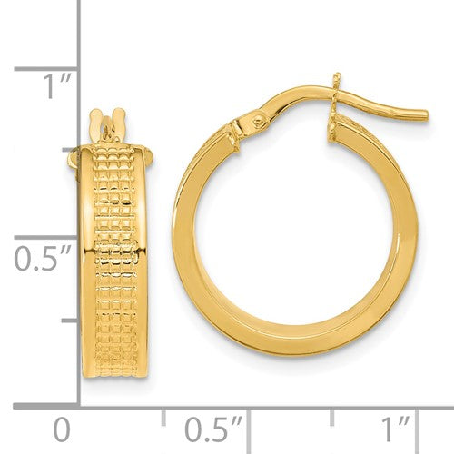 14k yellow gold modern contemporary textured round hoop earrings 18mm x 5mm