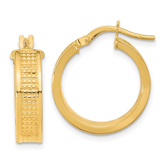 14k yellow gold modern contemporary textured round hoop earrings 18mm x 5mm