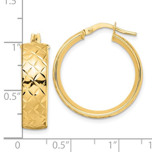 14k yellow gold modern contemporary textured round hoop earrings 23mm x 6.75mm