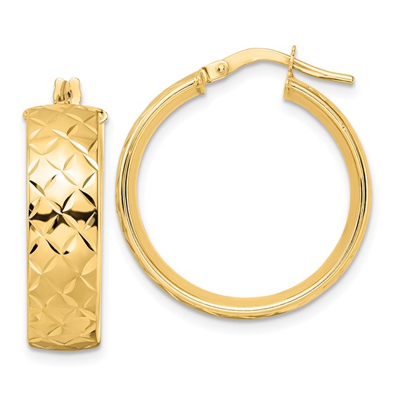 14k yellow gold modern contemporary textured round hoop earrings 23mm x 6.75mm