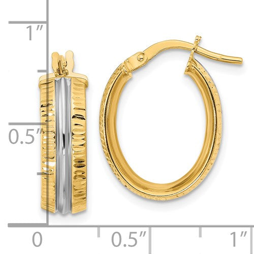 14k yellow gold and rhodium diamond cut grooved oval hoop earrings 15mm x 5.75mm