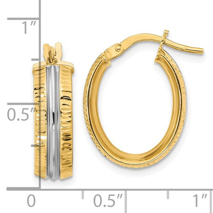14k yellow gold and rhodium diamond cut grooved oval hoop earrings 15mm x 5.75mm