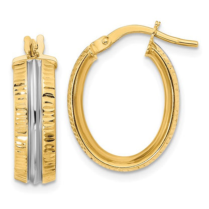 14k yellow gold and rhodium diamond cut grooved oval hoop earrings 15mm x 5.75mm