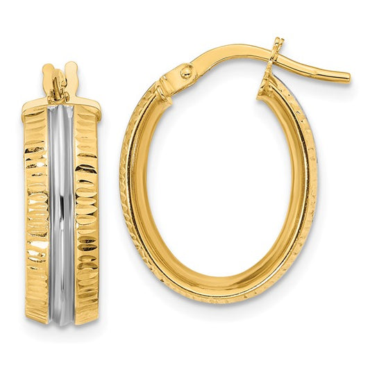 14k yellow gold and rhodium diamond cut grooved oval hoop earrings 15mm x 5.75mm