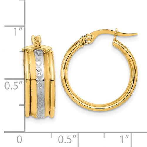 14K Yellow Gold and Rhodium Diamond Cut Grooved Round Hoop Earrings 18mm x 7mm